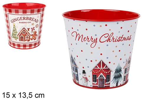 [123700]  Pot de fleurs cubique en métal décoré motif maison de Noël, assorti 15 x 13,5 cm