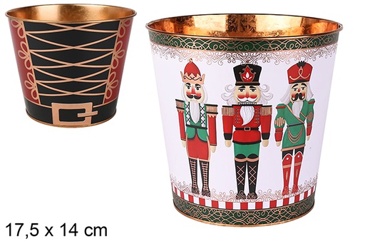 [123701] Cubo portavasi in metallo decorato assortimento natalizio Schiaccianoci 17.5x14 cm