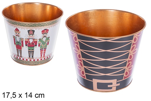 [123701] Cubo portavasi in metallo decorato assortimento natalizio Schiaccianoci 17.5x14 cm