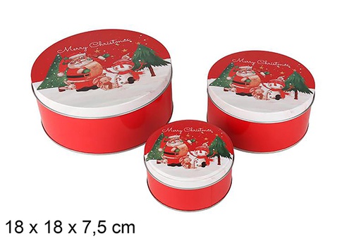 [123704] Set 3 boîtes rondes en métal décorées avec le Père Noël pour Noël 18x18x7.5 cm