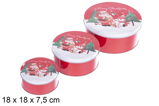 [123704] Set 3 scatole rotonde in metallo decorate con Babbo Natale per Natale 18x18x7.5 cm