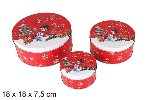 [123705] Juego 3 Cajas metal redonda decorada Muñeco de nieve Navidad 18x18x7.5 cm