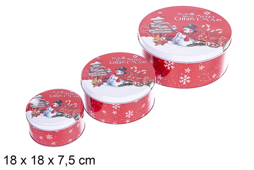 [123705] Juego 3 Cajas metal redonda decorada Muñeco de nieve Navidad 18x18x7.5 cm