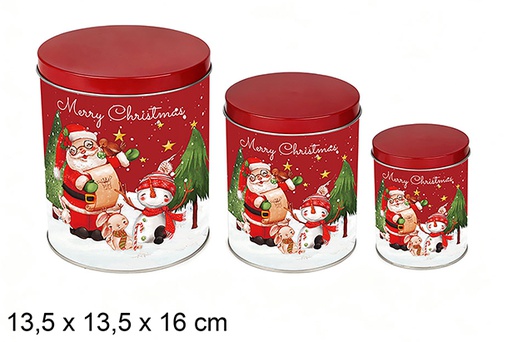 [123706] Set 3 round metal jars decorated with Santa Claus for Christmas, 13.5x13.5x16 cm 