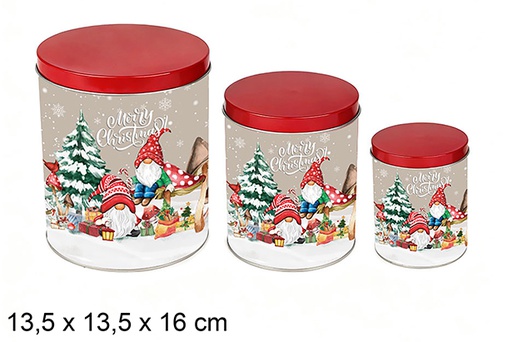 [123707] Set 3 round metal jars decorated with Christmas Gnome design 13.5x13.5x16 cm  