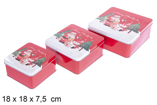[123708] Set 3 scatole quadrate in metallo decorate con Babbo Natale per Natale 18x18x7.5 cm