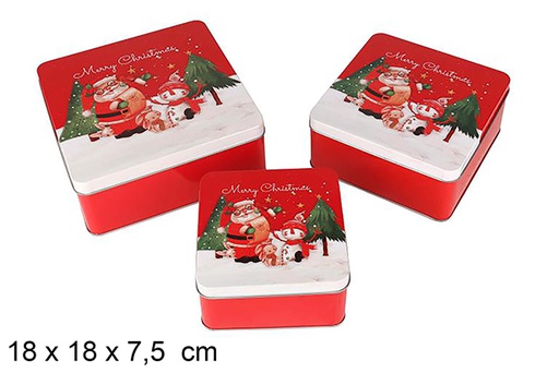[123708] Set 3 scatole quadrate in metallo decorate con Babbo Natale per Natale 18x18x7.5 cm