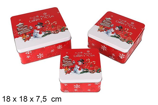 [123709] Juego 3 Cajas metal cuadrada decorada Muñeco de nieve Navidad 18x18x7.5 cm