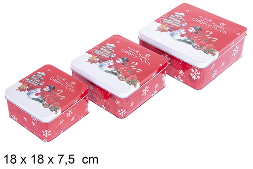 [123709] Set 3 caixas quadradas de metal decoradas com boneco de neve para o Natal, 18x18x7.5 cm