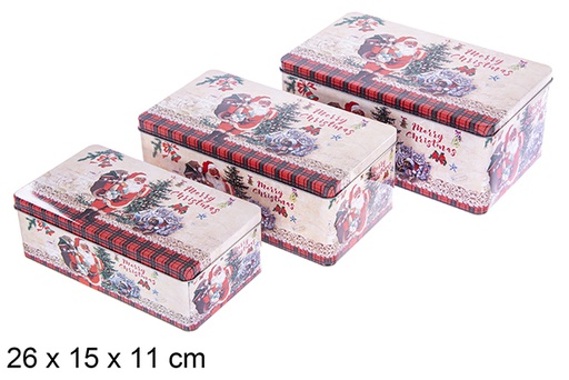 [123710] Set 3 scatole rettangolari in metallo decorate con Babbo Natale per Natale, 26x15x11 cm