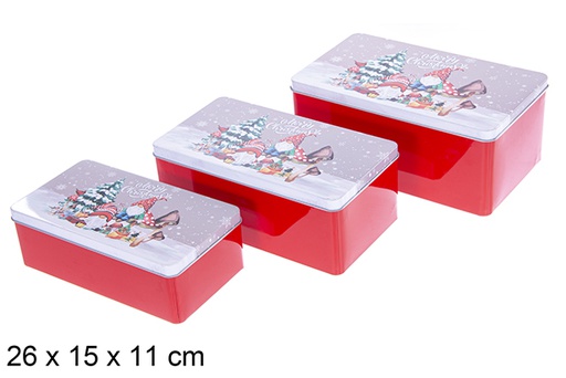 [123711] Juego 3 Cajas metal rectangulat decorada Enano Navidad 26x15x11 cm