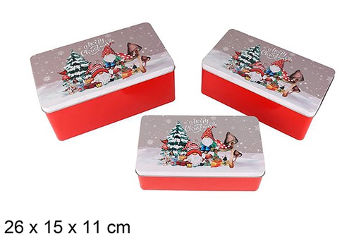 [123711] Set 3 scatole rettangolari in metallo decorate con gnomi natalizi, 26x15x11 cm