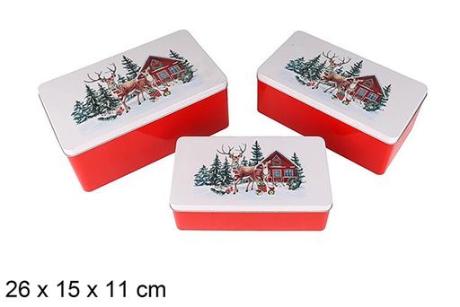 [123712] Set 3 caixas retangulares de metal decoradas com uma rena de Natal, 26x15x11 cm