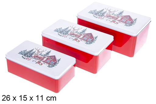 [123712] Set 3 rectangular metal boxes decorated with a Christmas reindeer, 26x15x11 cm
