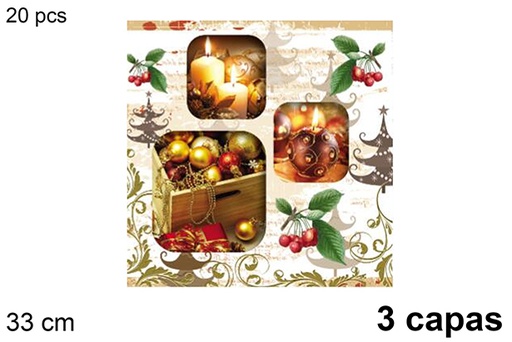 [123713] Pack 20 tovaglioli decorati a 3 veli con palline di Natale 33 cm