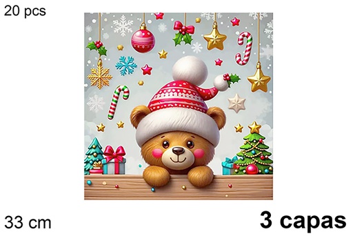 [123715] Pack 20 servilletas 3 capas decoradas oso Navidad 33 cm
