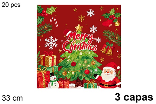 [123716] Pack 20 3-ply napkins decorated with a Christmas tree on a red background, 33 cm