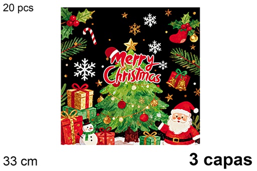 [123717] Pack 20 servilletas 3 capas decoradas arbol de  Navidad  fondo negro 33 cm