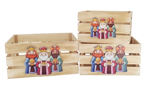 [123719] Pack 3 cajas madera natural decorada reyes magos 32x24.5x16 cm