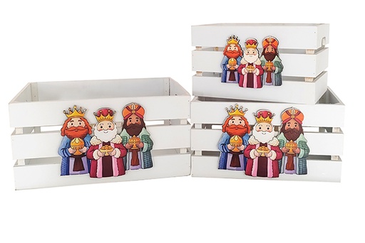 [123723] Pack 3 caixas de madeira branca decoradas com os Três Reis Magos 32x24,5x16 cm
