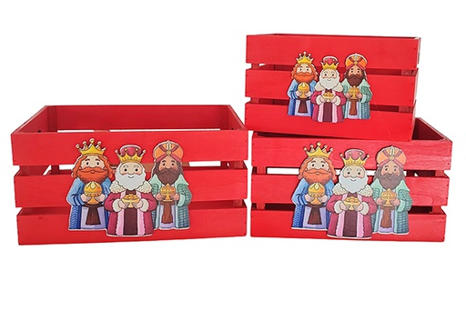 [123727] Pack 3 caixas de madeira vermelhas decoradas com o tema dos Três Reis Magos 32x24,5x16 cm