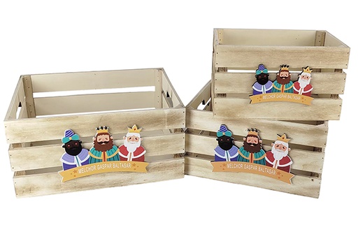 [123731] Pack  3 boîtes en bois naturel décorées avec l'adoration des Rois mages 32 x 24,5 x 16 cm