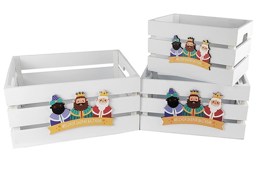 [123735] Pack 3 caixas de madeira branca decoradas com a representação dos Três Reis Magos, 32x24,5x16 cm