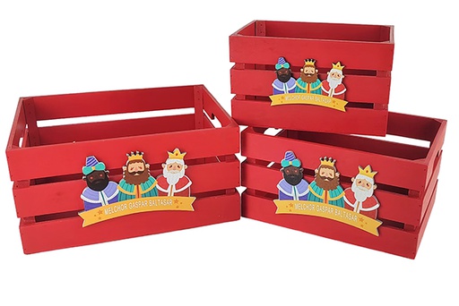 [123739] Pack 3 scatole di legno rosse decorate con adorazione dei Re Magi, 32x24,5x16 cm