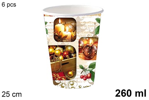 [123755] Pack 6 gobelets en papier décorés de boules de Noël, 260 ml