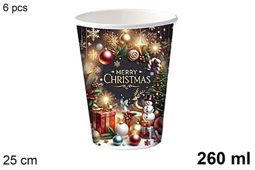 [123756] Pack 6 decorated paper cups with Christmas designs, 260 ml