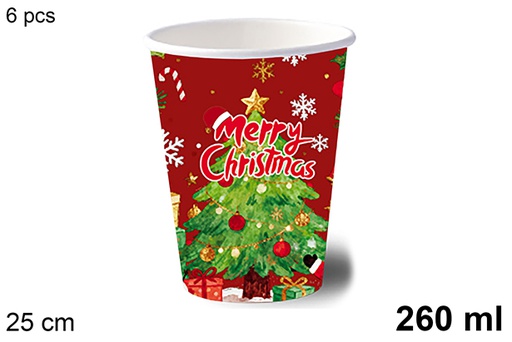 [123758] Pack 6 gobelets en papier décorés d'un sapin de Noël sur fond rouge, 260 ml