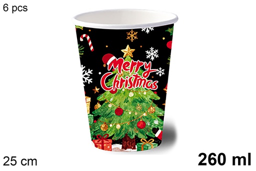 [123759] Pack 6 copos de papel decorados com uma árvore de Natal em fundo preto, 260 ml