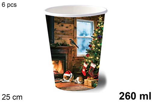 [123760] Pack 6 vasos papel decorado chimenea Navidad 260 ml