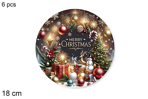 [123762] Pack 6 assiettes en carton décorées d'objets de Noël, 18 cm