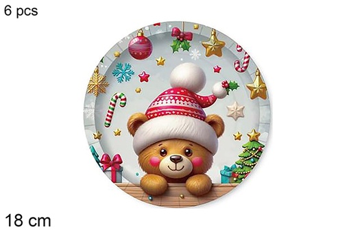 [123763] Pack 6 paper plates decorated with a Christmas bear, 18 cm