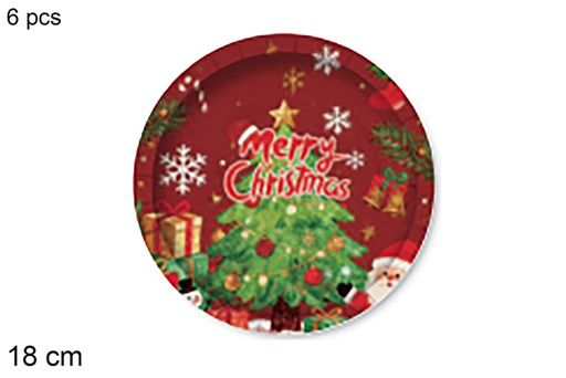 [123764] Pack 6 assiettes en carton décorées d'un sapin de Noël sur fond rouge, 18 cm