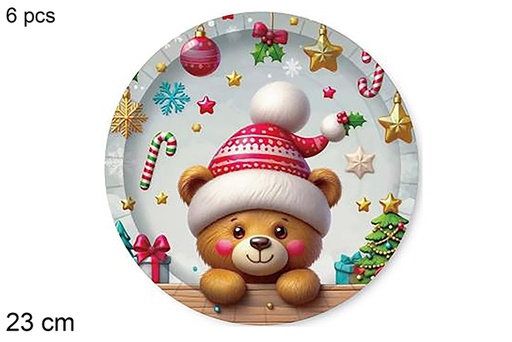 [123769] Pack 6 assiettes en carton décorées d'un ours de Noël 23 cm