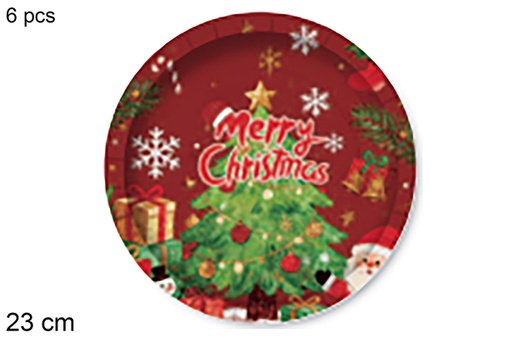 [123770] Pack 6 platos papel decorado arbol de Navidad fondo rojo navida 23 cm