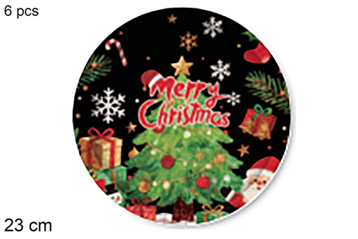 [123771] Pack 6 platos papel decorado arbol de Navidad fondo negro navidad 23 cm