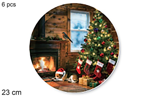 [123772] Pack 6 assiettes en carton décorées d'une cheminée, motif de Noël 23 cm