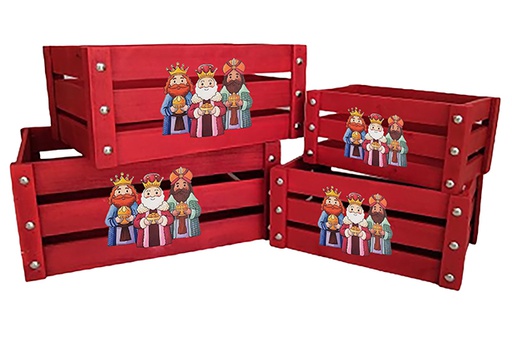 [123773] Pack 4 boîtes en bois rouge décorées avec des motifs de Rois mages 41 x 31 x 20 cm