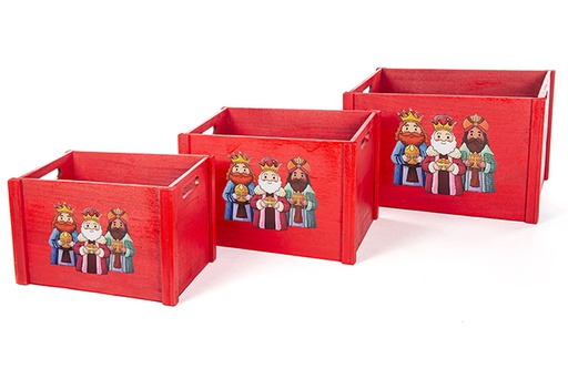 [123775] Pack 3 scatole di legno rosse decorate con adorazione dei Re Magi 42x33x25 cm