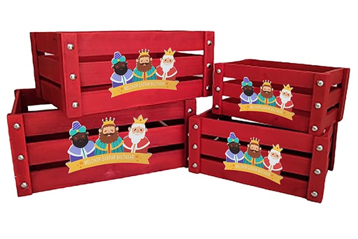 [123776] Pack 4 cajas madera roja decorada reyes magos adoración 41x31x20 cm