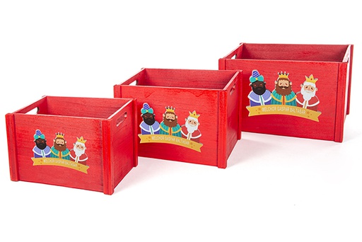 [123778] Pack 4 caixas de madeira vermelha decoradas com a representação dos Três Reis Magos 46x36x27 cm
