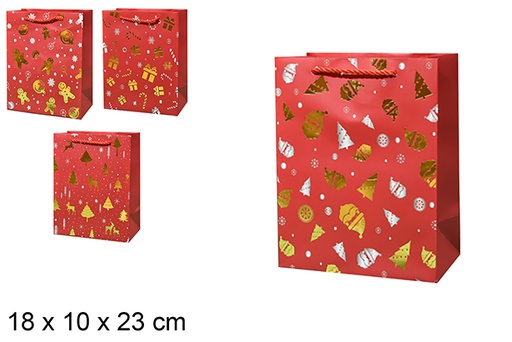 [123905] Red Christmas gift bag with gold decoration 18x10x23 cm (S)