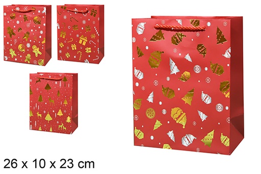 [123906] Saco de presente de Natal vermelho com decoração dourada 26x10x32 cm (M)