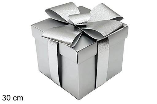 [123941] Caixa de presente de Natal prateada com fita, 30 cm