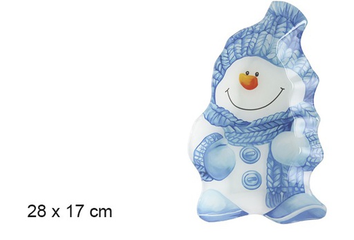 [101257] Christmas blue snowman shaped glass tray 28x17 cm