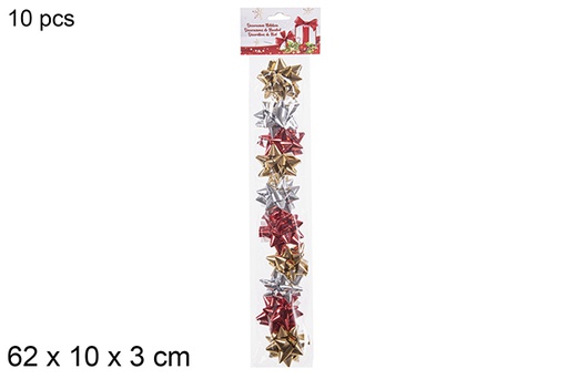 [102196] Pack 10 fiocchi regalo di Natale oro/rosso/argento 62x10 cm