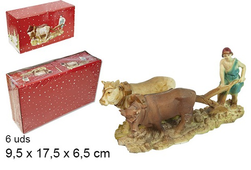 [103391] Resin shepherd farmer with oxen  